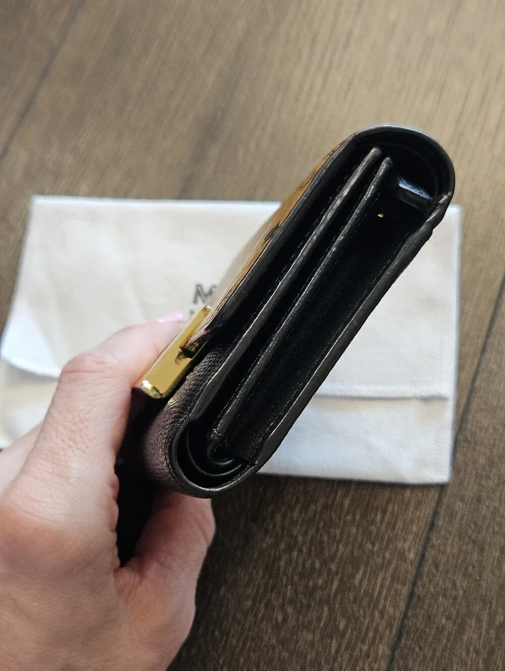 MCM Visetos Cognac Black Trifold Compact Wallet Gold Logo + Dust Bag